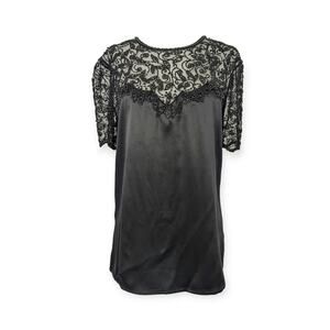 Vintage 80's Oleg Cassini Black Tie Beaded Silk & Lace Evening Blouse